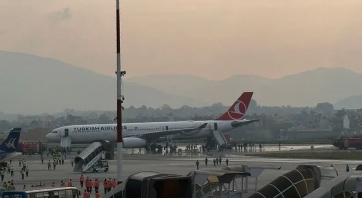 त्रिभुवन विमानस्थलमा टर्किस एयरलाइन्सको जहाजको चक्कामा आगो, सबै यात्रु सुरक्षित