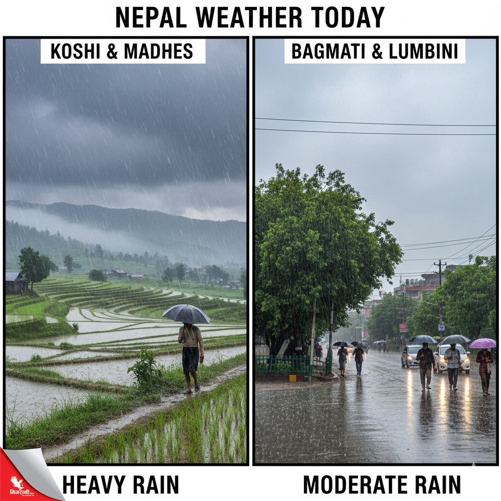 आज कोशी र मधेसका केही स्थानमा भारी वर्षाको सम्भावनाः बागमती र लुम्बिनीमा सामान्य वर्षा हुने
